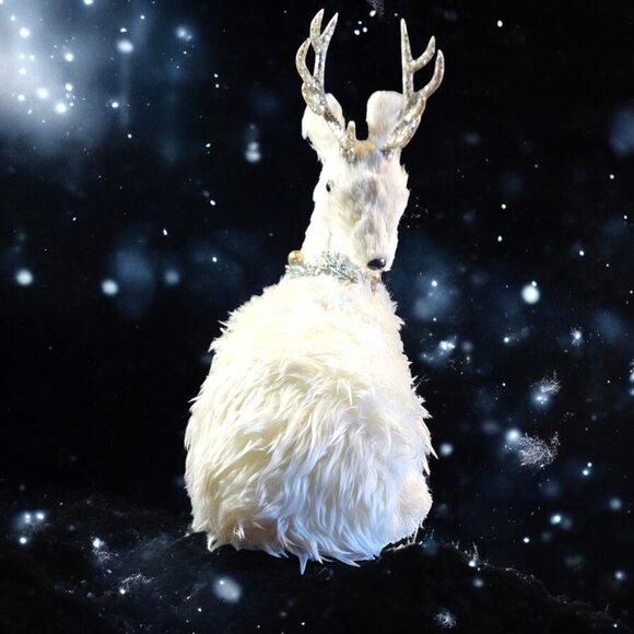 White Fur Sitting Deer - Sparkle Antlers - Christmas Collar - Home Decor - Picture 2 of 6